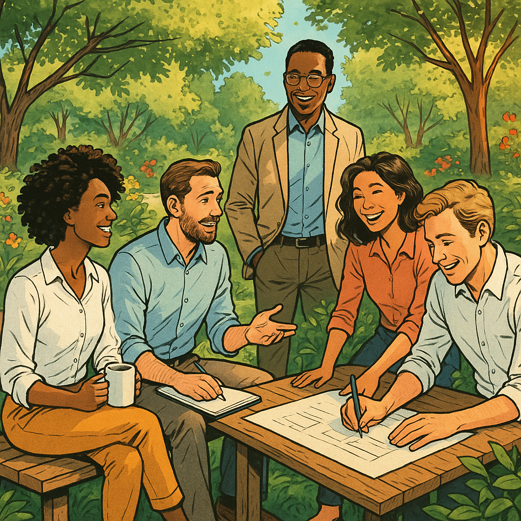 comicbook In a serene lush garden filled with vibrant greenery and blooming flowers a diverse group of corporate professionals gathers dressed in comf