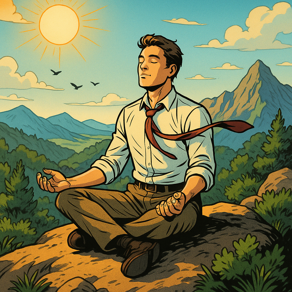 comicbook A serene individual sits peacefully on a sunlit mountaintop their loosened corporate attire gently fluttering in the breeze Surrounded by lu-1